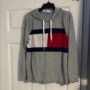 Tommy Hilfiger Gray Sweater with Red, White, and Blue Stripes